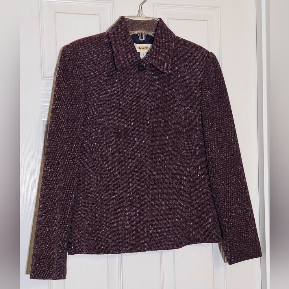 TALBOTS | 4P Gray/Maroon Wool Tweed Jacket With Hidden Placket. Vintage Y2K.